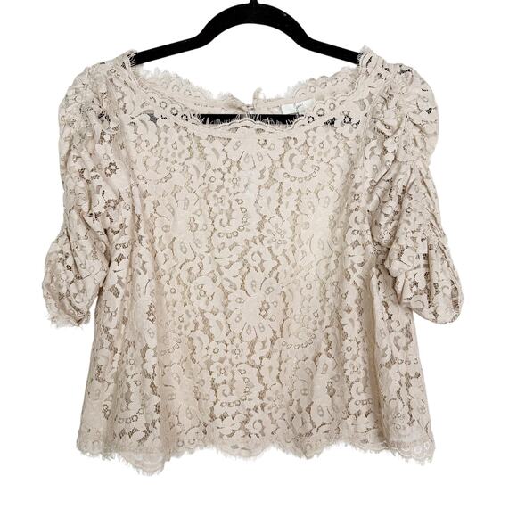 Joie XSmall XS Cream Mushroom Fanny Sheer Lace Top Ruched Sleeves Keyhole Back - Picture 1 of 9